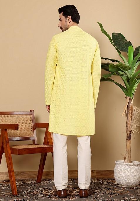 Yellow Embellished Rayon Silk Kurta Set For Men