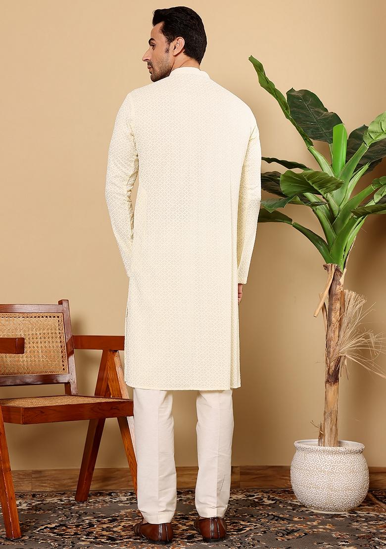 White Embellished Rayon Silk Kurta Set For Men