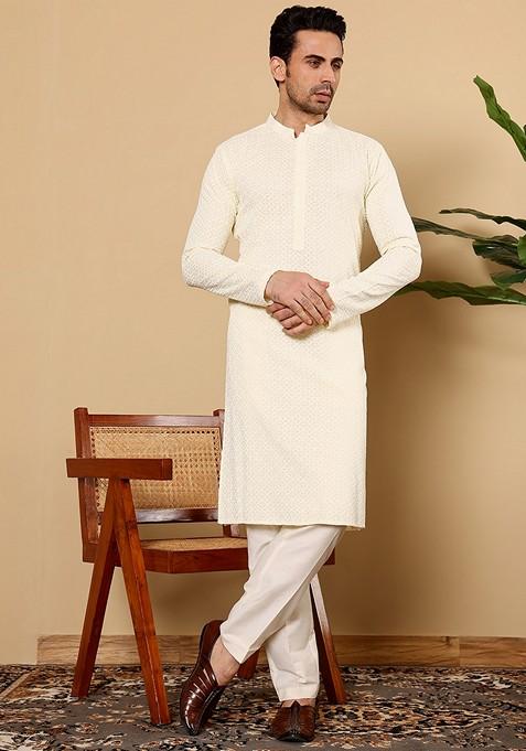 White Embellished Rayon Silk Kurta Set For Men