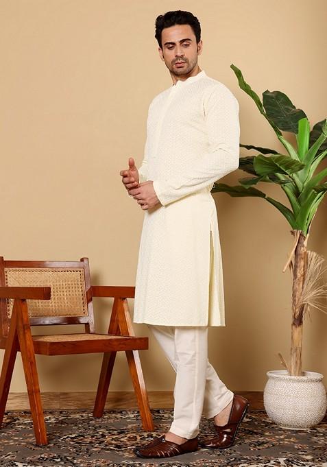White Embellished Rayon Silk Kurta Set For Men