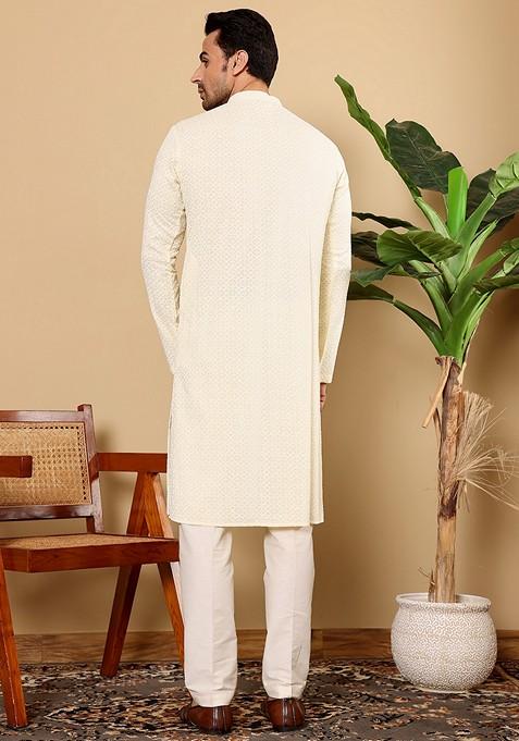 White Embellished Rayon Silk Kurta Set For Men