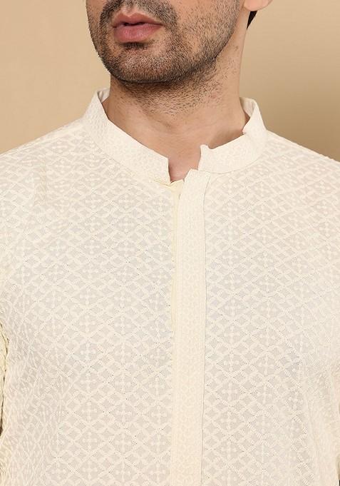 White Embellished Rayon Silk Kurta Set For Men