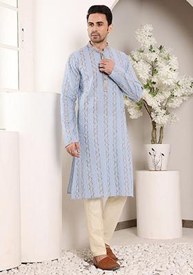 Blue Printed Cotton Kurta Set For Men