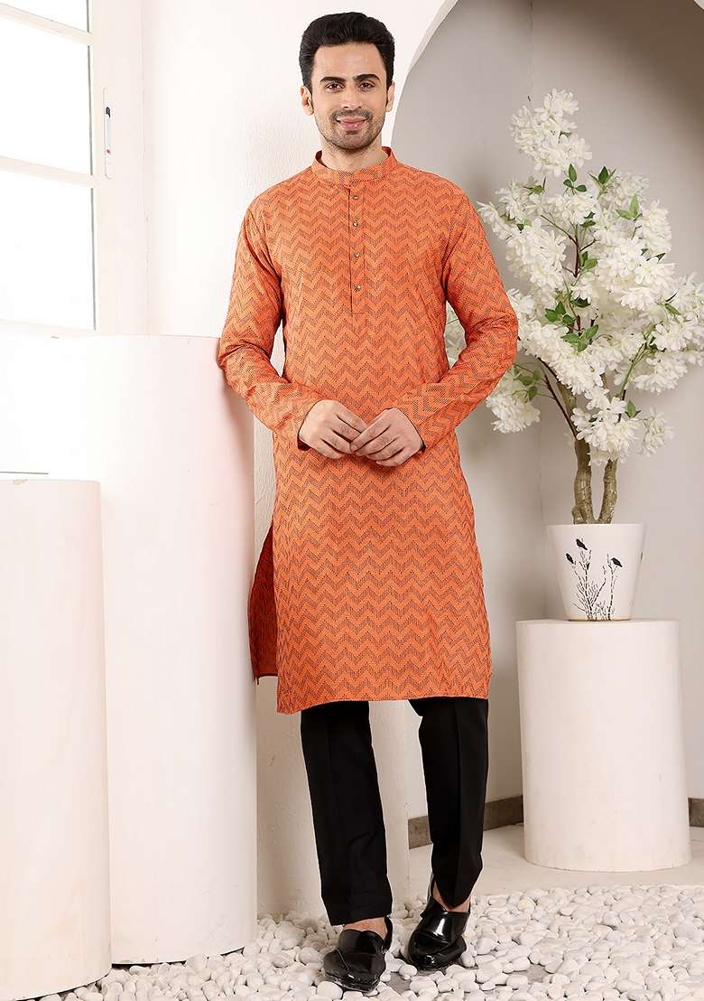 Orange Embellished Cotton Kurta Set For Men - Indya