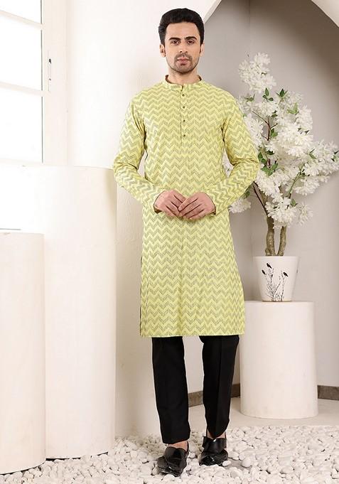 Yellow Embellished Cotton Kurta Set For Men