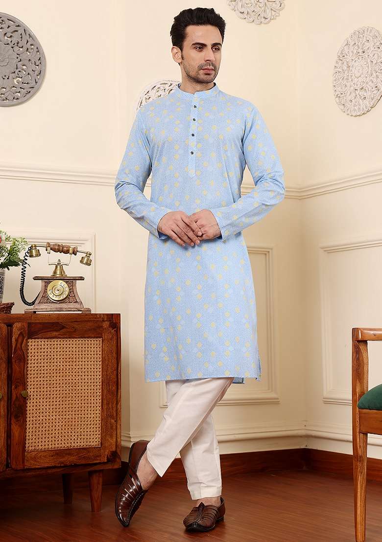 Blue Printed Cotton Kurta Set For Men - Indya