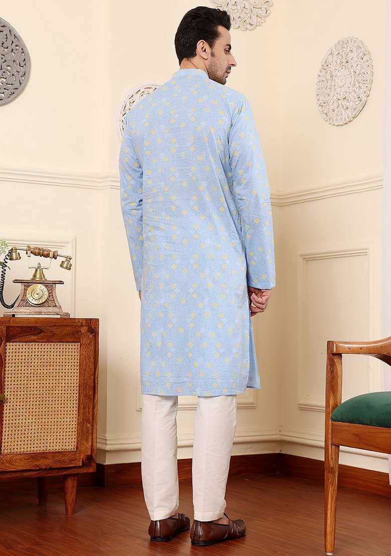 Blue Printed Cotton Kurta Set For Men - Indya