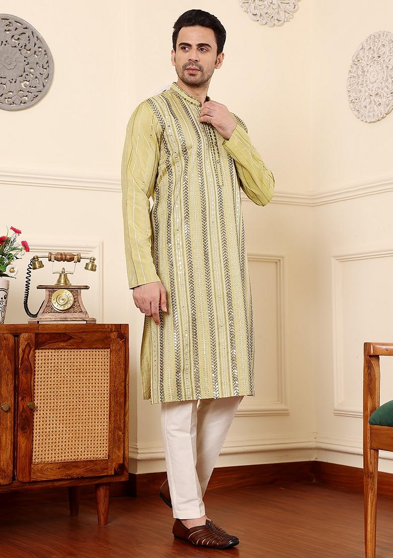 Light Green Embellished Viscose Silk Kurta Set For Men