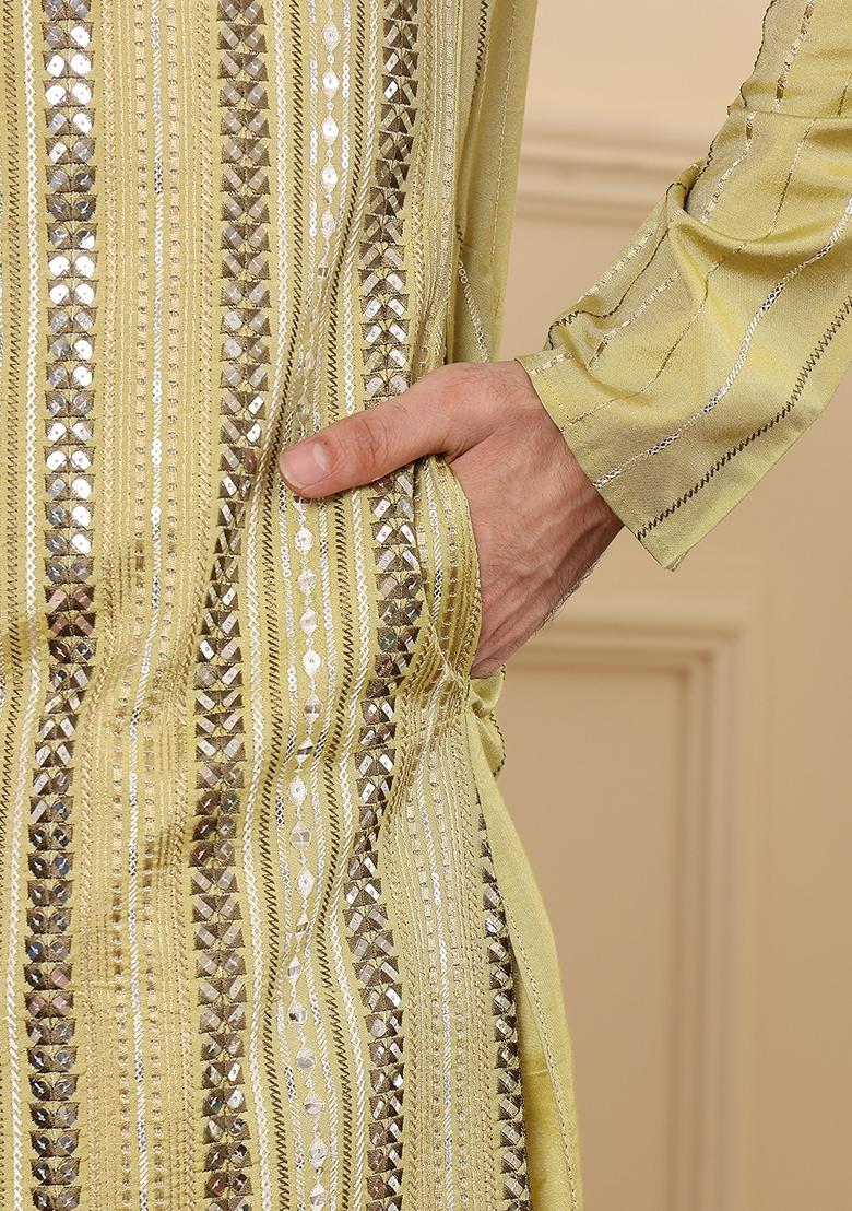 Light Green Embellished Viscose Silk Kurta Set For Men