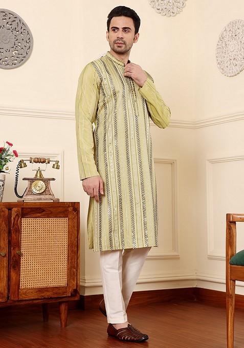 Light Green Embellished Viscose Silk Kurta Set For Men