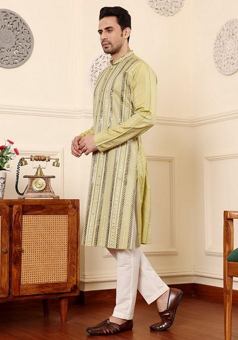 Light Green Embellished Viscose Silk Kurta Set For Men