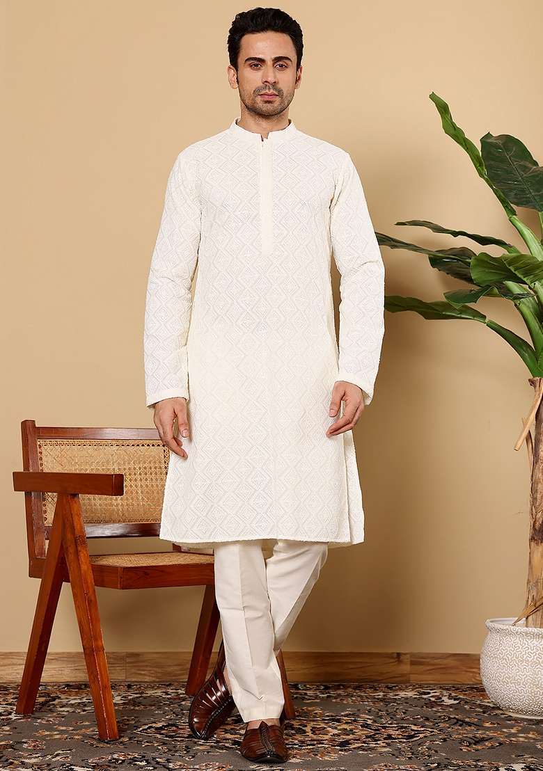 White Embellished Viscose Silk Kurta Set For Men - Indya