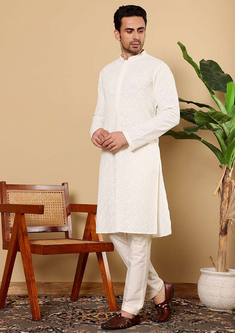 White Embellished Viscose Silk Kurta Set For Men - Indya