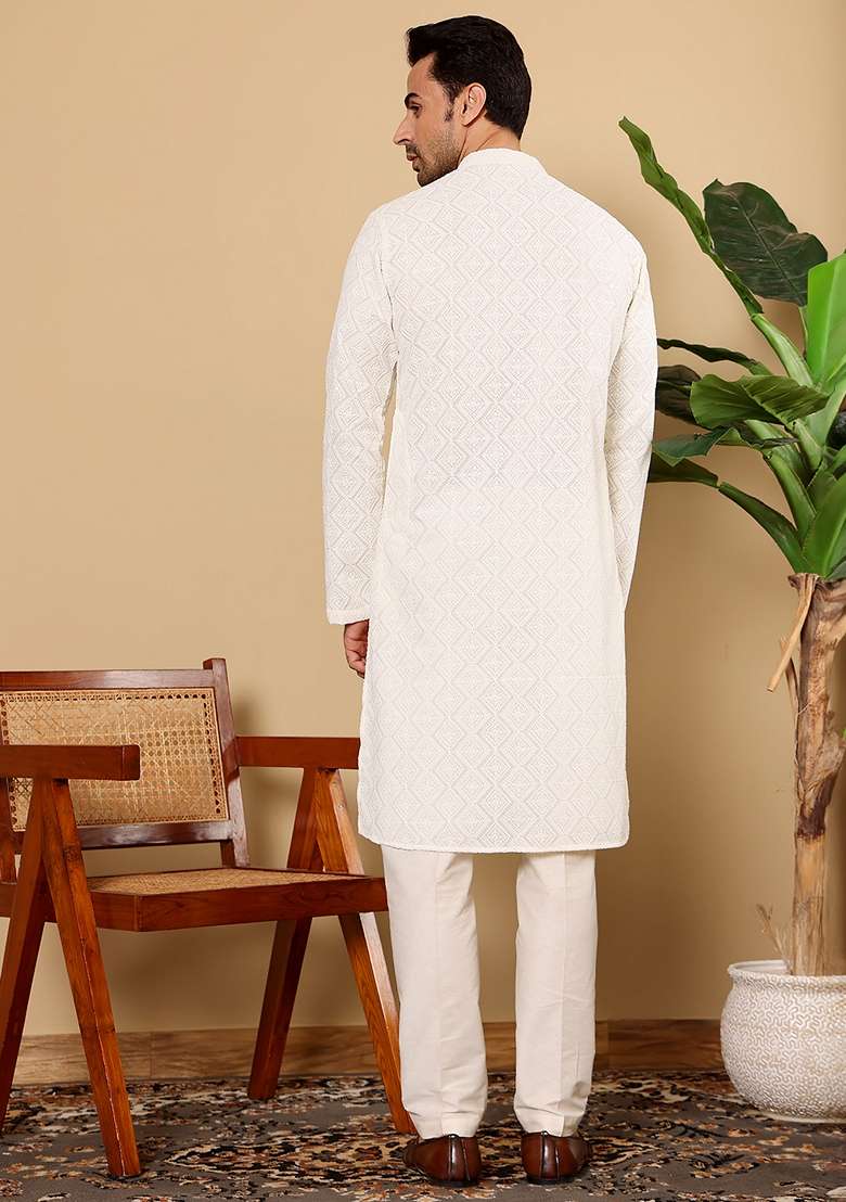 White Embellished Viscose Silk Kurta Set For Men - Indya