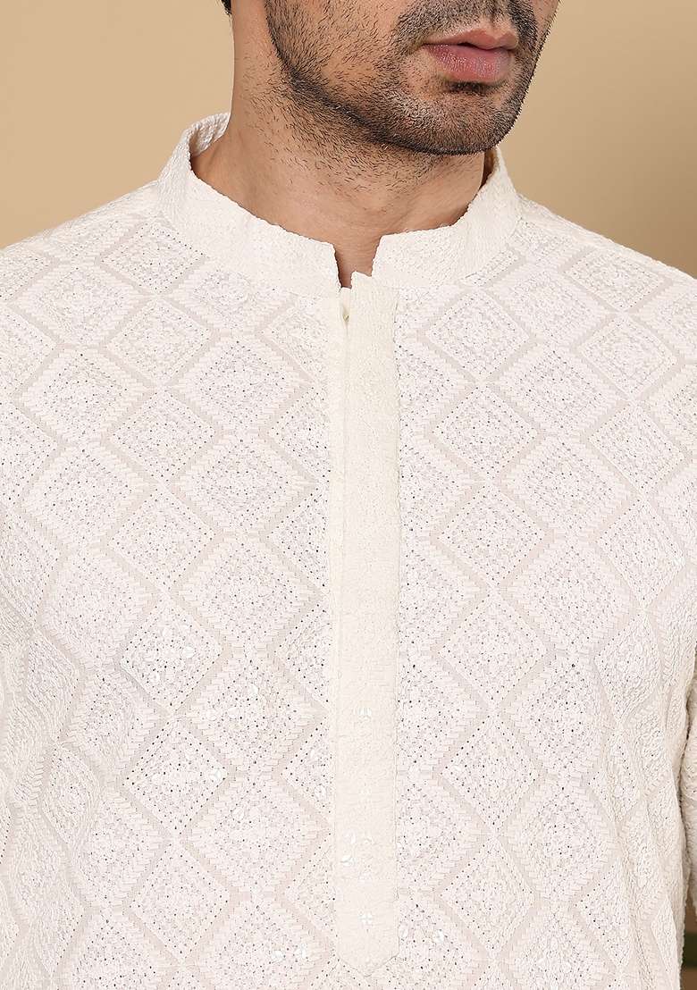 White Embellished Viscose Silk Kurta Set For Men - Indya