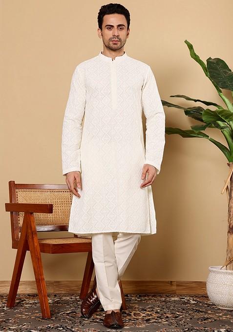 White Embellished Viscose Silk Kurta Set For Men