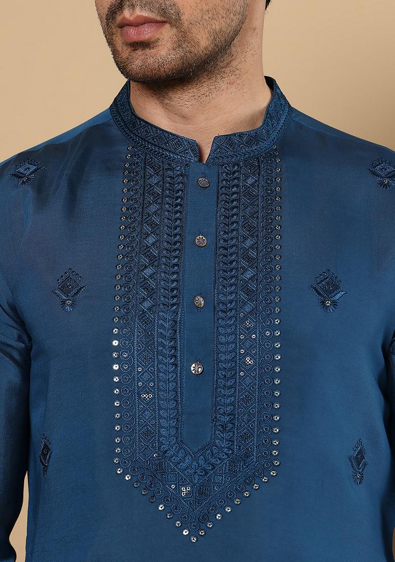 Blue Embellished Viscose Silk Kurta Set For Men