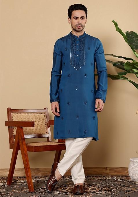 Blue Embellished Viscose Silk Kurta Set For Men