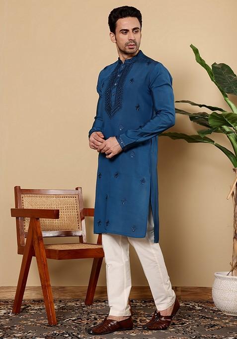 Blue Embellished Viscose Silk Kurta Set For Men