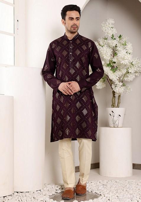 Purple Embellished Viscose Silk Kurta Set For Men