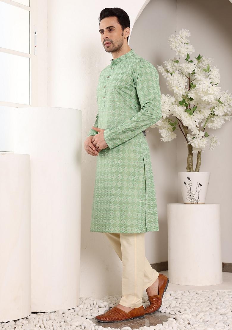 Sea Green Printed Cotton Kurta Set For Men
