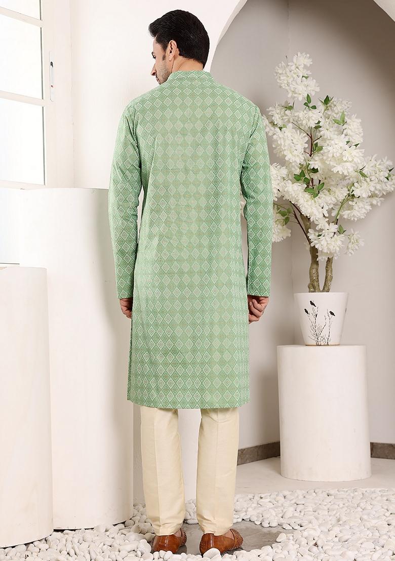 Sea Green Printed Cotton Kurta Set For Men
