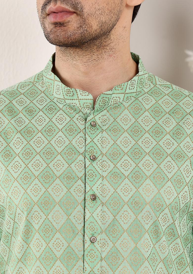 Sea Green Printed Cotton Kurta Set For Men
