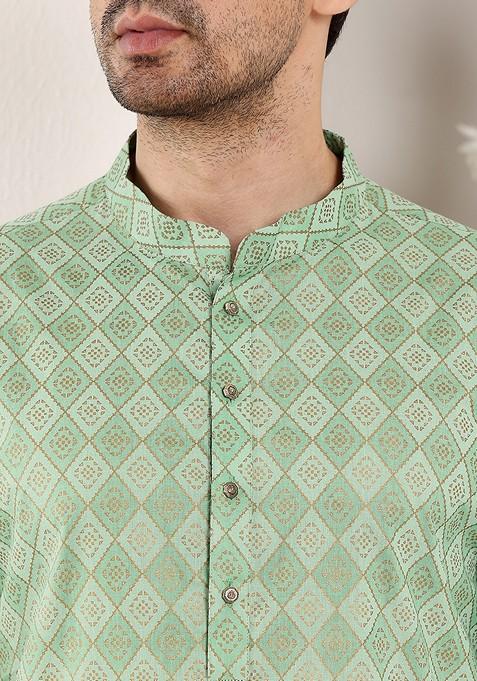 Sea Green Printed Cotton Kurta Set For Men