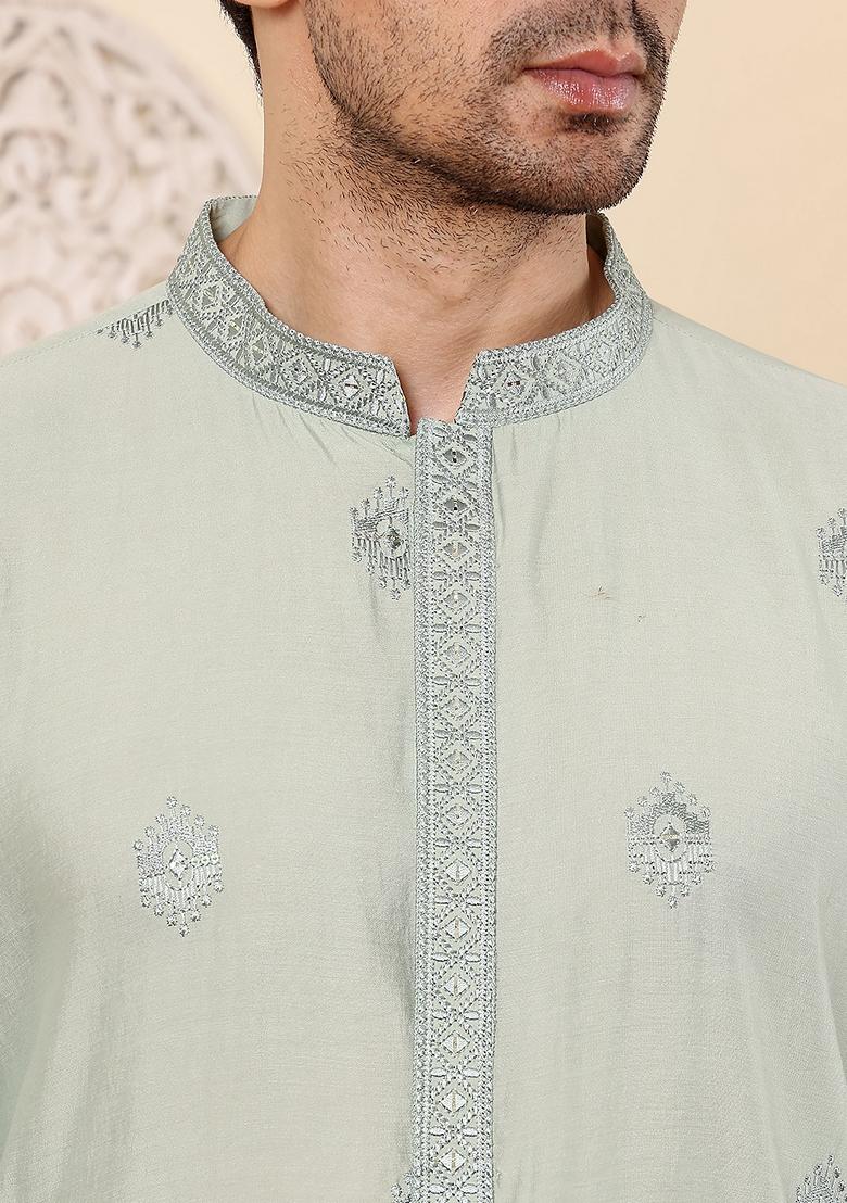 Light Blue Embellished Ethnic Motifs Kurta Set For Men