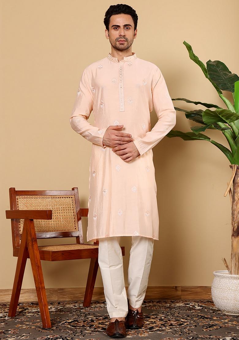 Cream Embellished Viscose Silk Kurta Set For Men