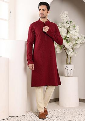 Red Embellished Rayon Silk Kurta Set For Men