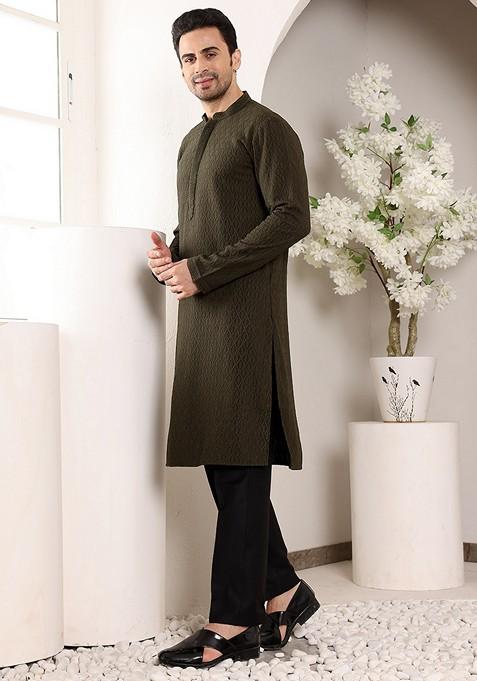 Black Embellished Rayon Silk Kurta Set For Men