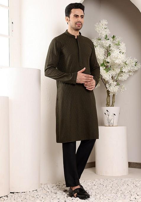 Black Embellished Rayon Silk Kurta Set For Men