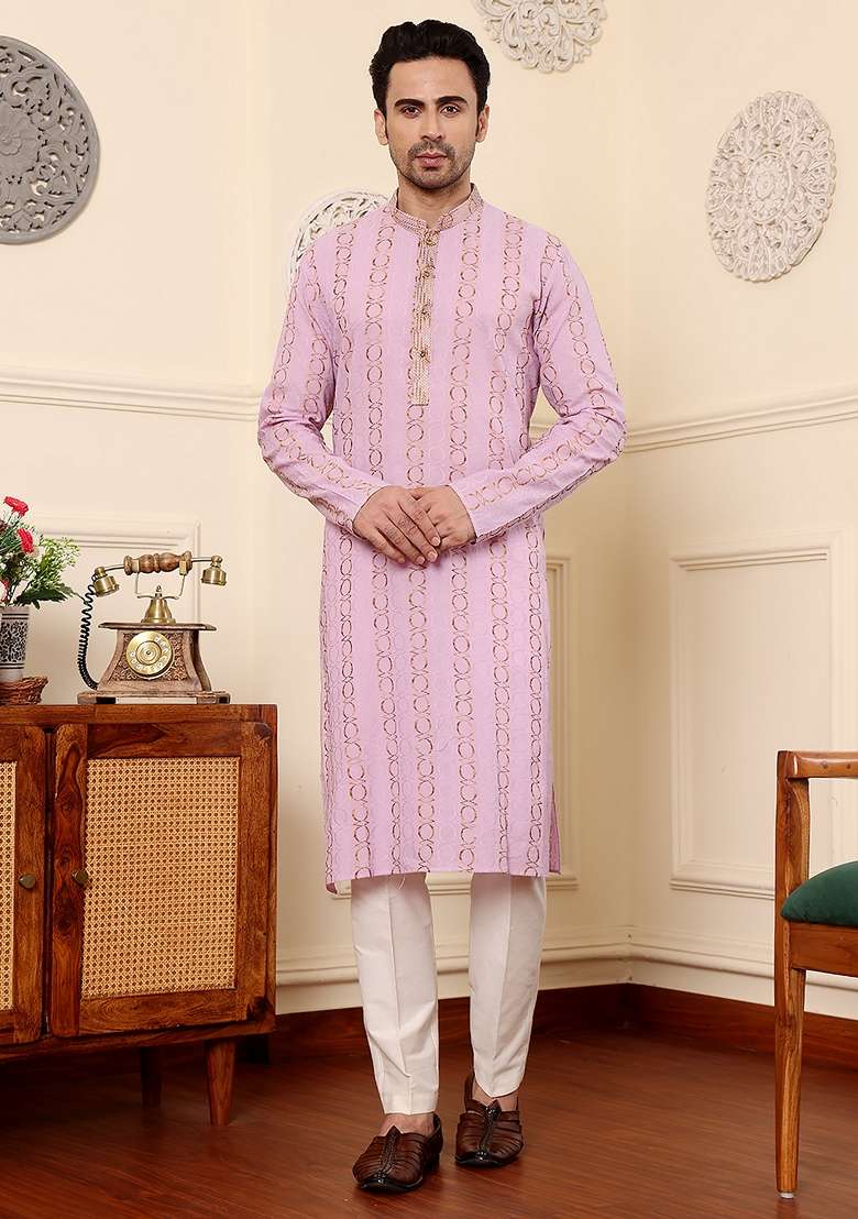 Pink Embellished Cotton Kurta Set For Men - Indya