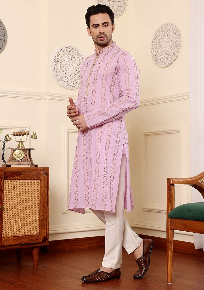 Pink Embellished Cotton Kurta Set For Men - Indya