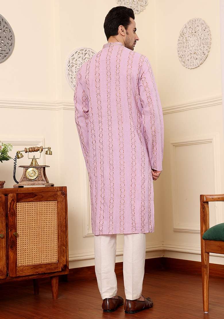 Pink Embellished Cotton Kurta Set For Men - Indya