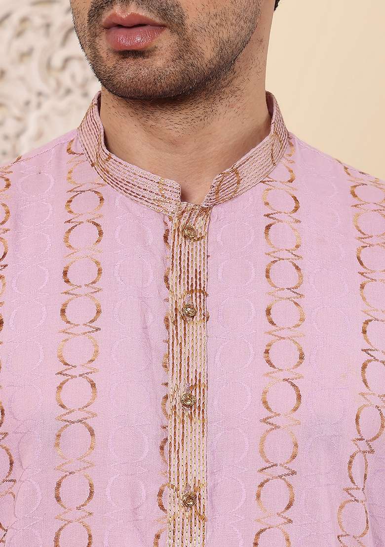 Pink Embellished Cotton Kurta Set For Men - Indya