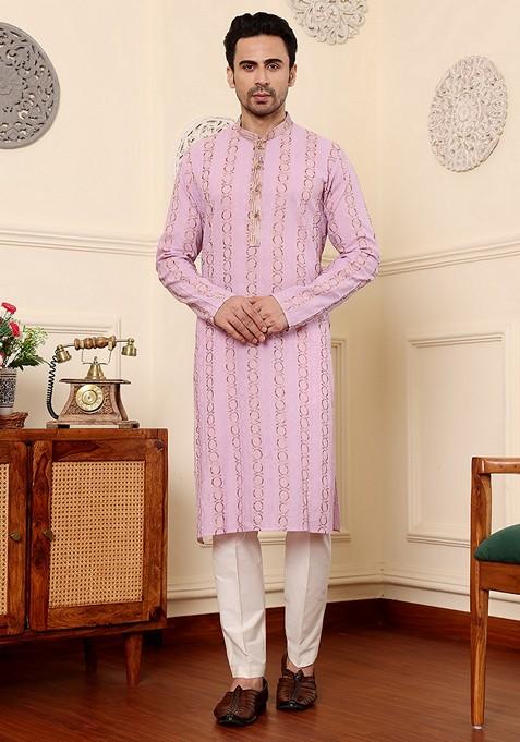 Pink Embellished Cotton Kurta Set For Men