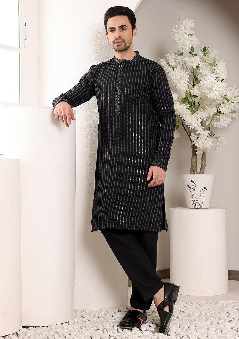 Black Embellished Viscose Silk Kurta Set For Men
