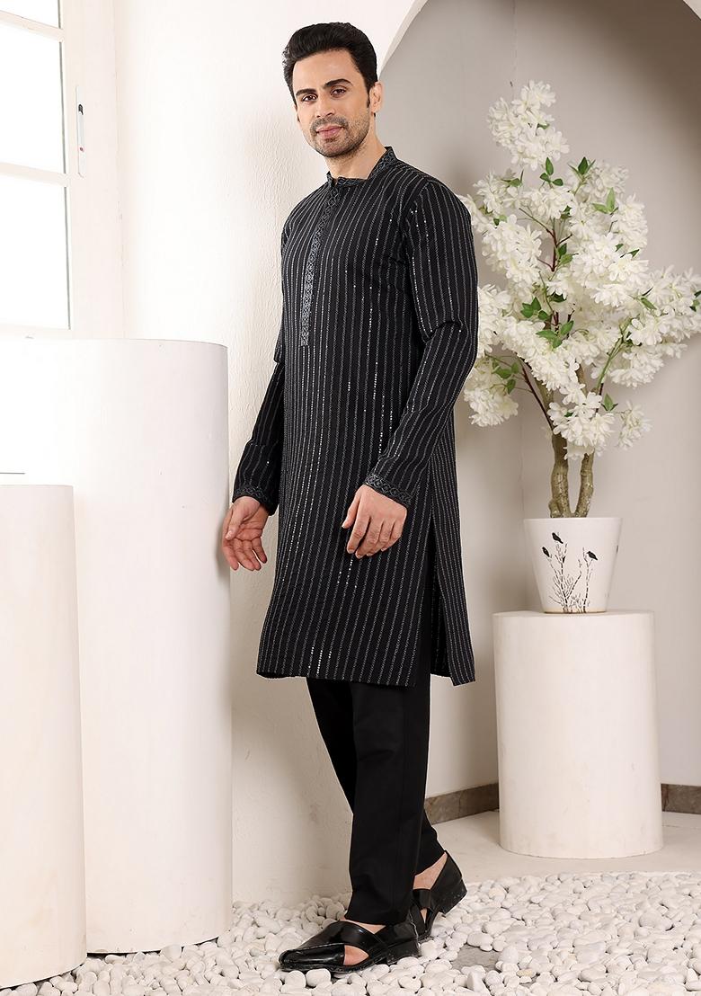 Black Embellished Viscose Silk Kurta Set For Men