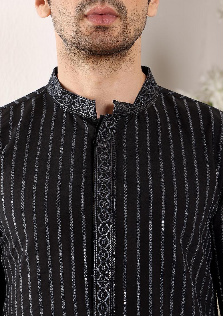 Black Embellished Viscose Silk Kurta Set For Men