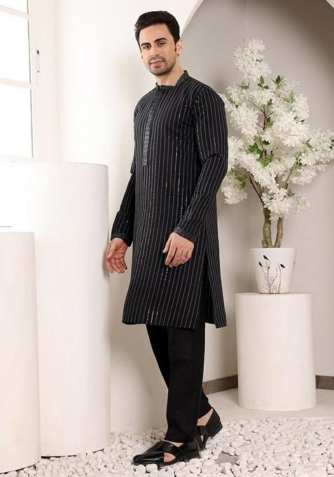 Black Embellished Viscose Silk Kurta Set For Men