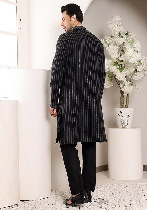 Black Embellished Viscose Silk Kurta Set For Men