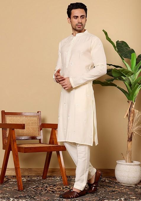 Maroon Embellished Viscose Silk Kurta Set For Men