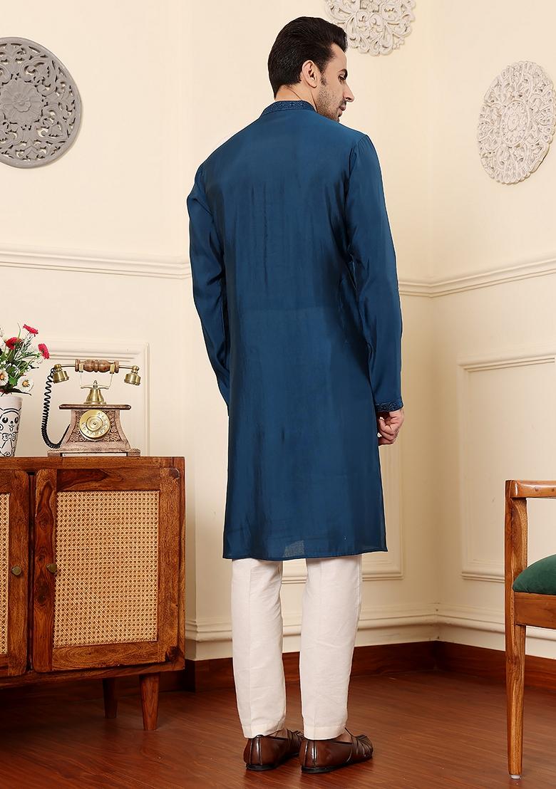 Blue Embroidered Viscose Silk Kurta Set For Men