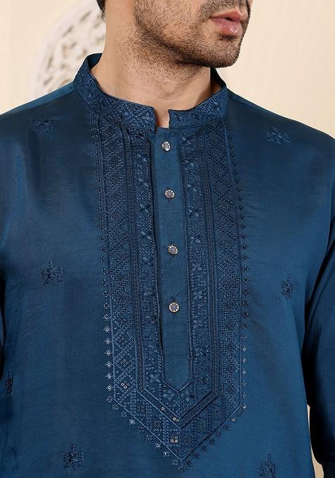 Blue Embroidered Viscose Silk Kurta Set For Men