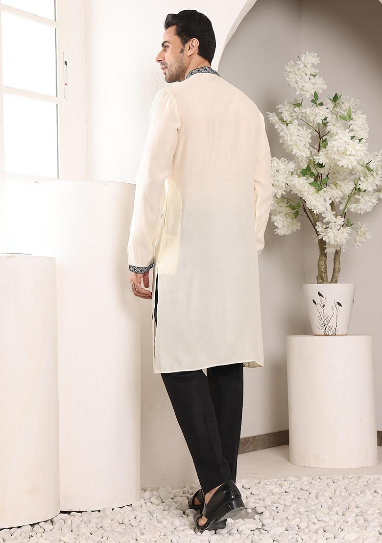White Embellished Viscose Silk Kurta Set For Men