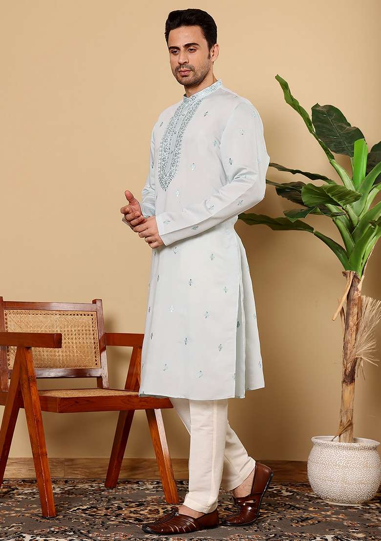 Light Blue Embellished Viscose Silk Kurta Set For Men - Indya
