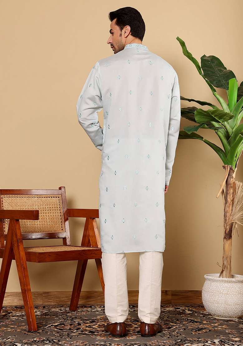 Light Blue Embellished Viscose Silk Kurta Set For Men - Indya