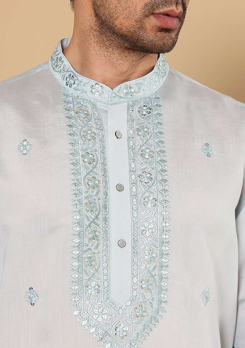 Light Blue Embellished Viscose Silk Kurta Set For Men - Indya